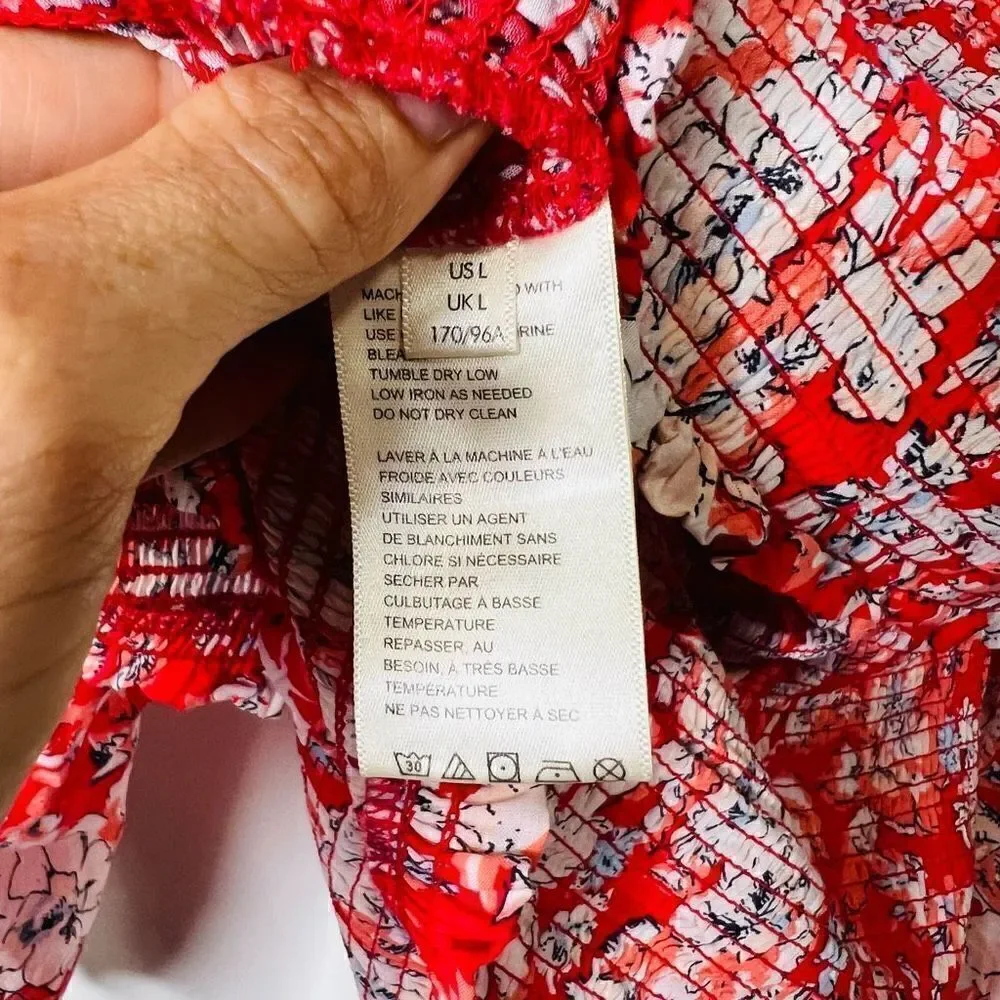 Free People Pink Red White Floral Crop Puff Blouson Sleeve Blouse